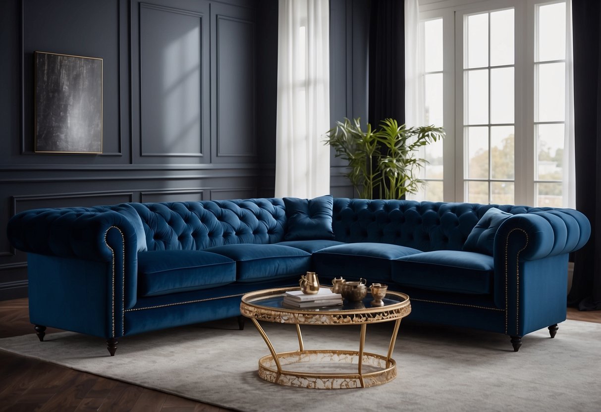 A royal blue velvet corner sofa sits elegantly in a spacious living room, surrounded by luxurious home decor and chesterfield sofa ideas