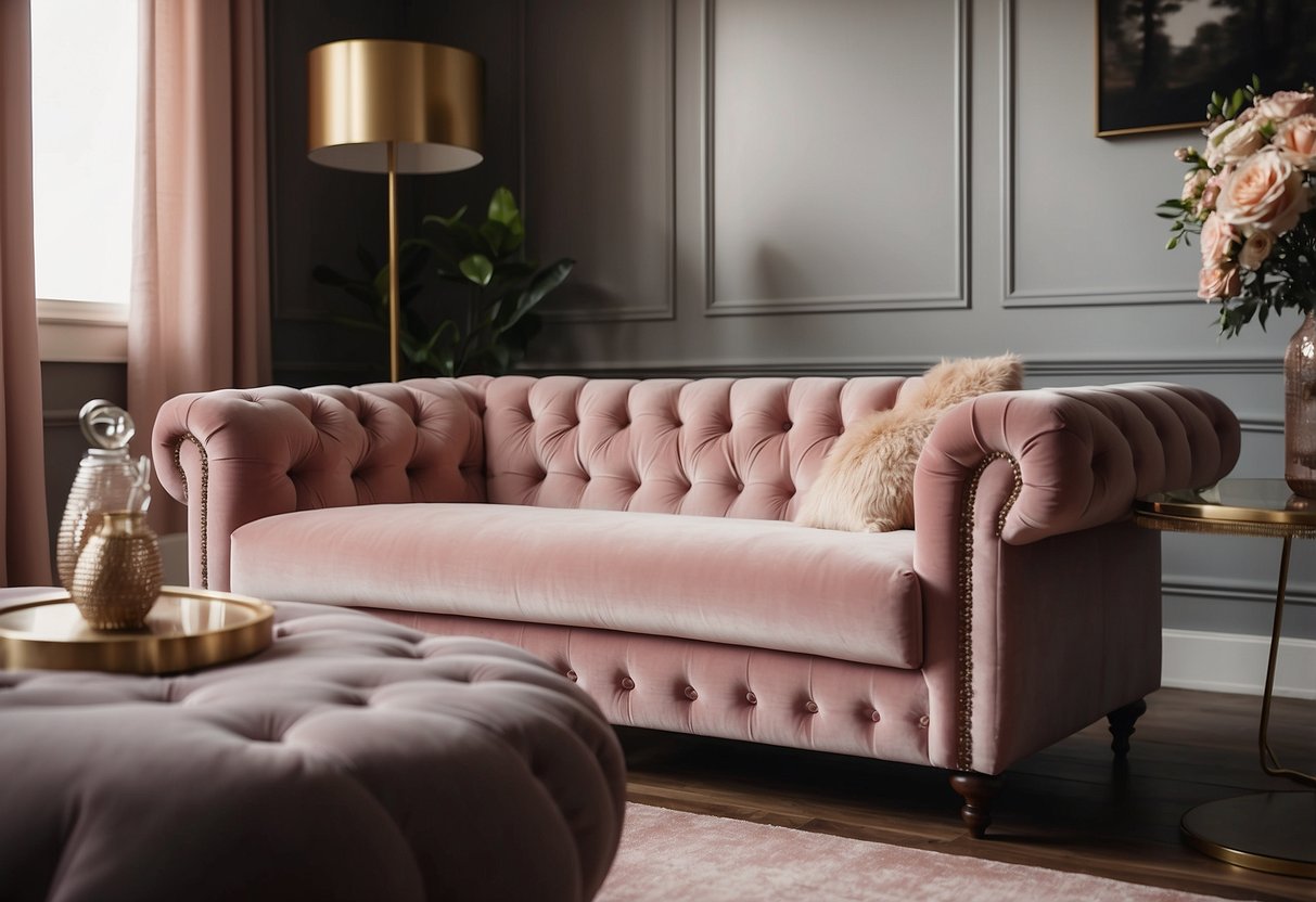 A blush pink velvet chesterfield sofa sits elegantly in a cozy home decor setting, inviting relaxation and luxury