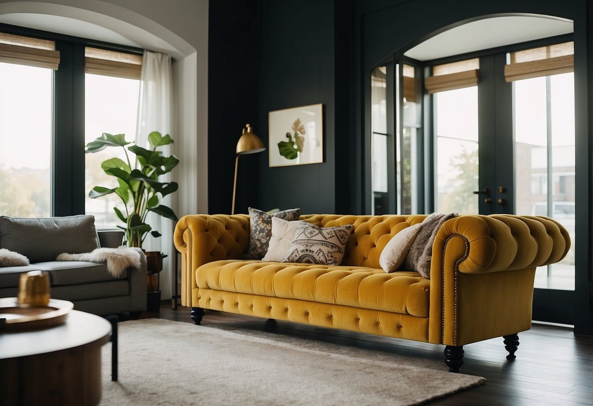 A mustard yellow velvet chesterfield sofa sits in a well-lit living room, adorned with decorative pillows and surrounded by modern home decor