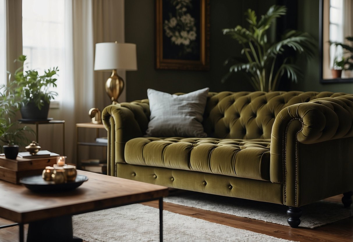 An olive green velvet Chesterfield couch sits in a cozy living room, adorned with stylish home decor