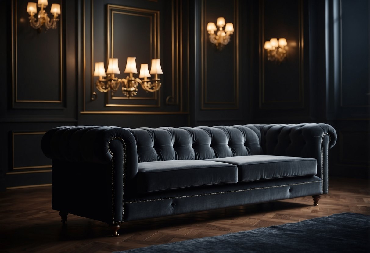 A midnight black velvet chesterfield sofa sits elegantly in a dimly lit room, exuding luxury and sophistication