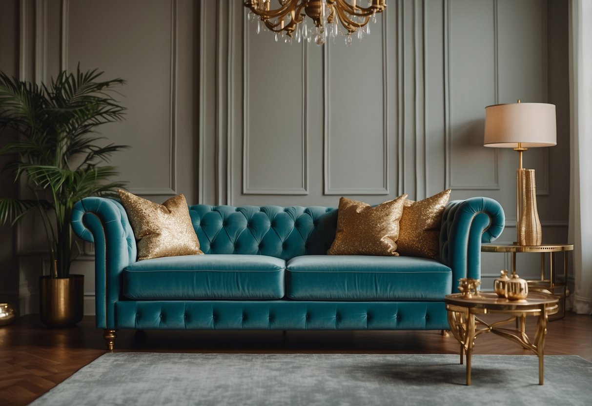 A turquoise velvet chesterfield sofa with gold legs stands in a well-lit room, surrounded by elegant home decor accents