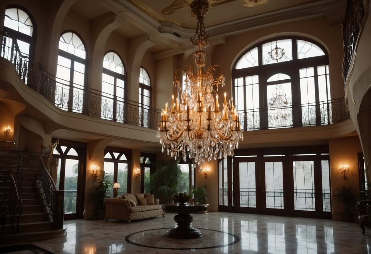 A grand villa interior with ornate vintage chandeliers hanging from the high ceilings, casting a warm and elegant glow over the luxurious home decor