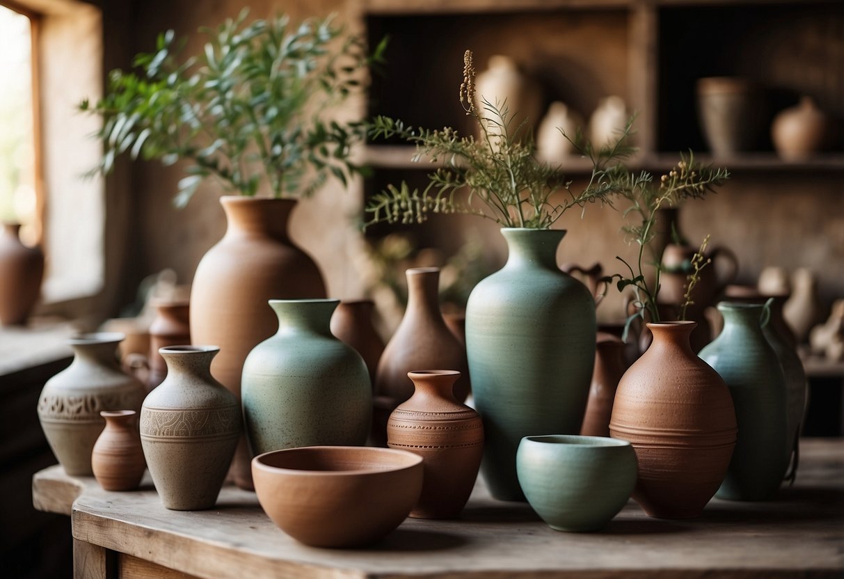 A rustic villa with handcrafted pottery decor, featuring vases, bowls, and sculptures in earthy tones, arranged on shelves and tables