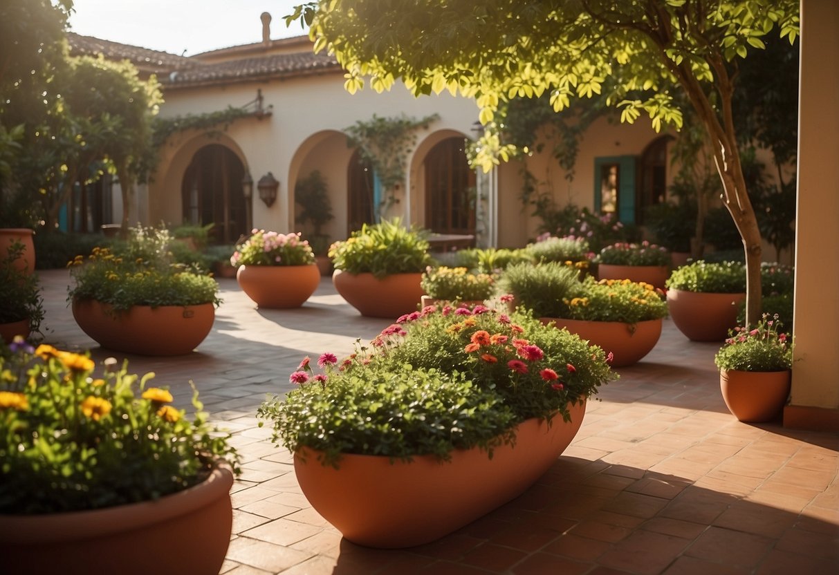 A spacious villa courtyard adorned with terracotta planters of various sizes and shapes, filled with vibrant greenery and colorful flowers. Sunlight illuminates the serene scene, creating a cozy and inviting atmosphere