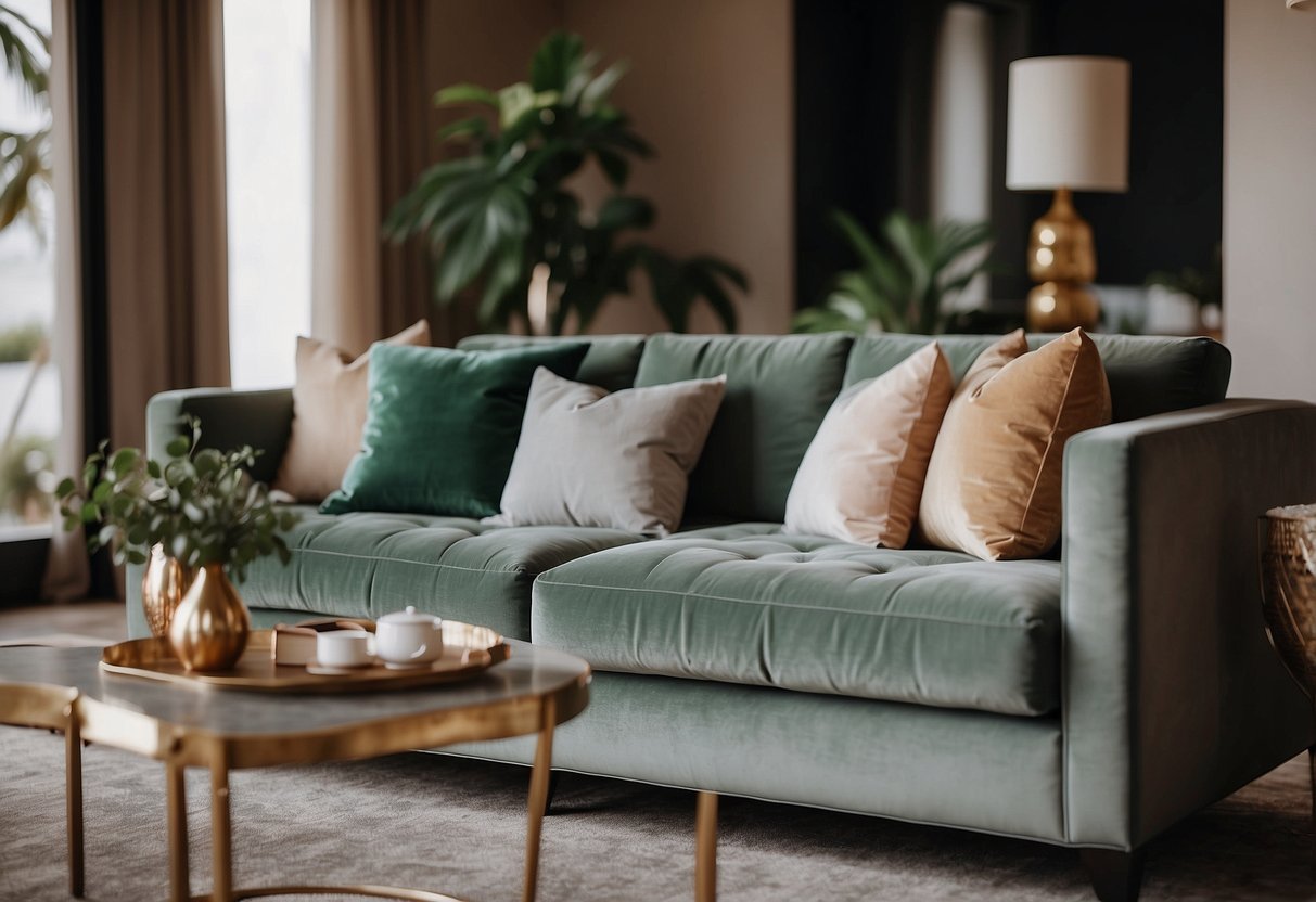 A cozy villa living room with luxurious velvet throw pillows arranged on a plush sofa, adding a touch of elegance and comfort to the home decor