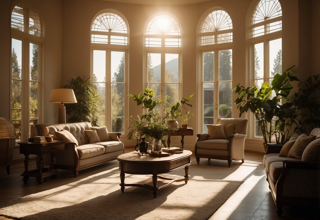 A sunlit villa interior with warm, natural lighting streaming through large windows, casting soft shadows on elegant furniture and decor