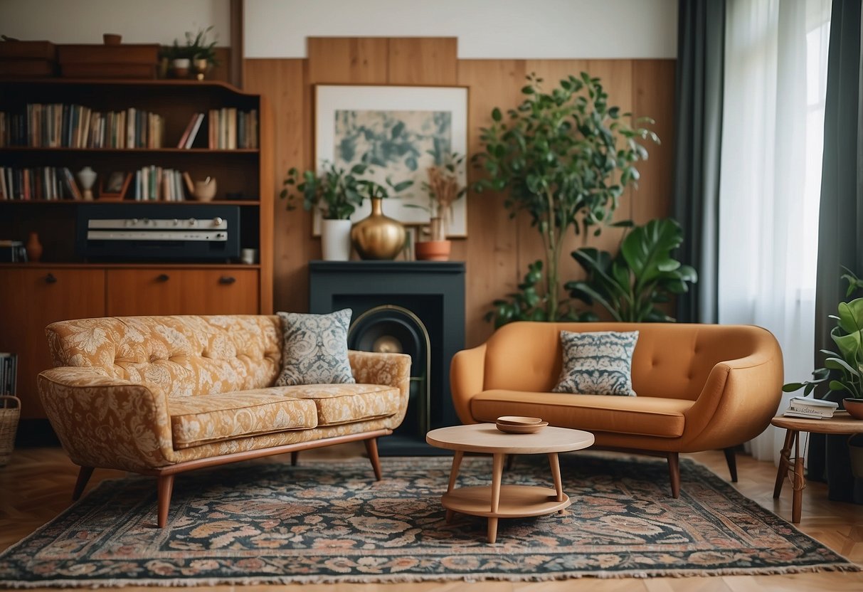 A vintage living room with a floral patterned sofa, antique wooden coffee table, decorative throw pillows, and a retro record player on a patterned rug