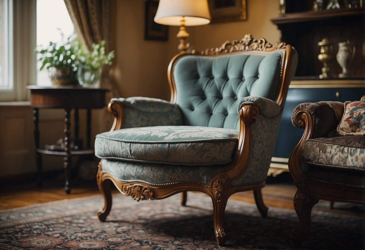 An ornate Victorian armchair sits in a vintage living room, surrounded by rich, patterned fabrics and antique decor