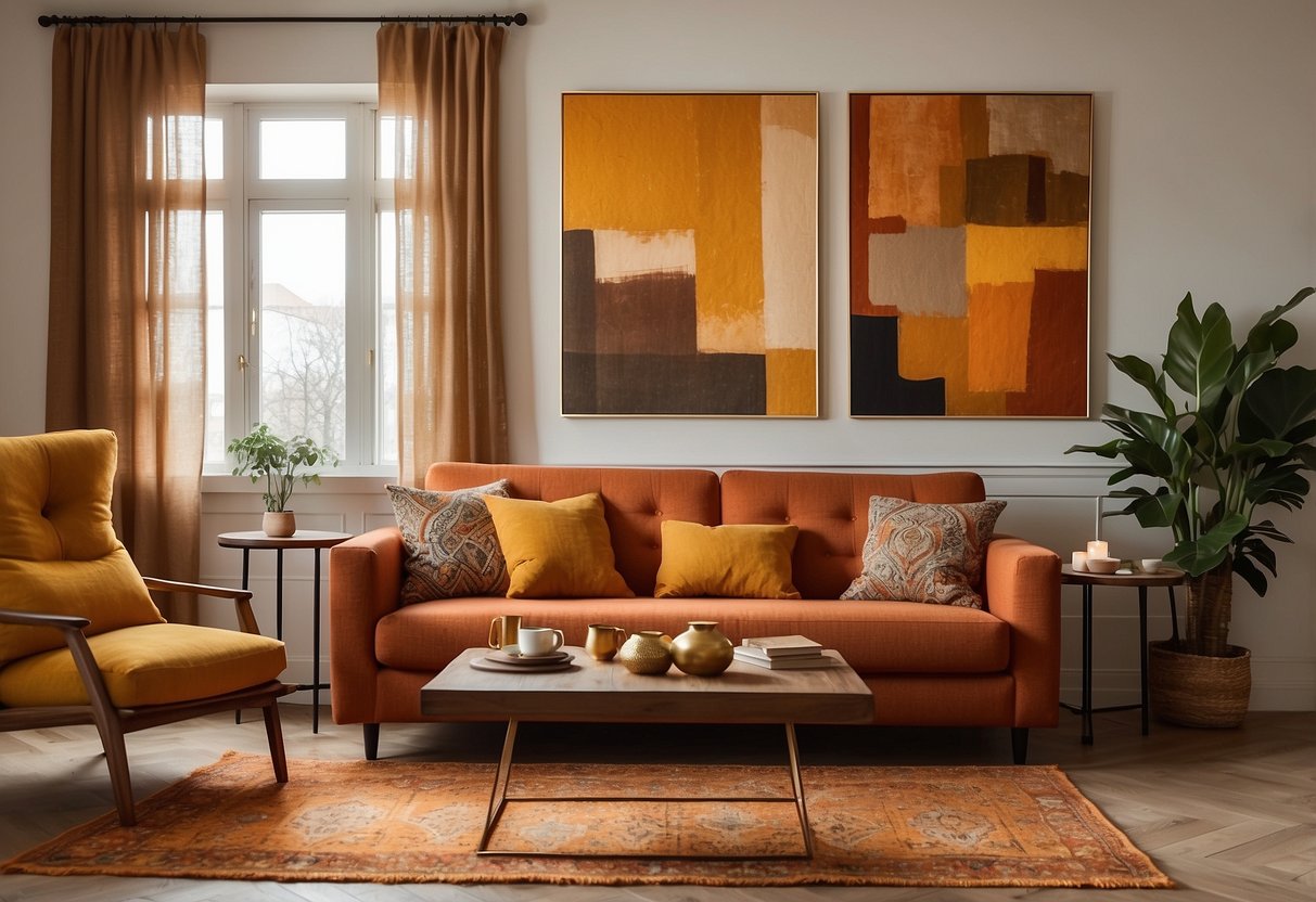 A cozy living room with a burnt orange sofa, golden yellow throw pillows, and a terracotta rug. The walls are adorned with vibrant abstract paintings and warm-toned tapestries. Sunlight filters through sheer curtains, casting a warm glow over