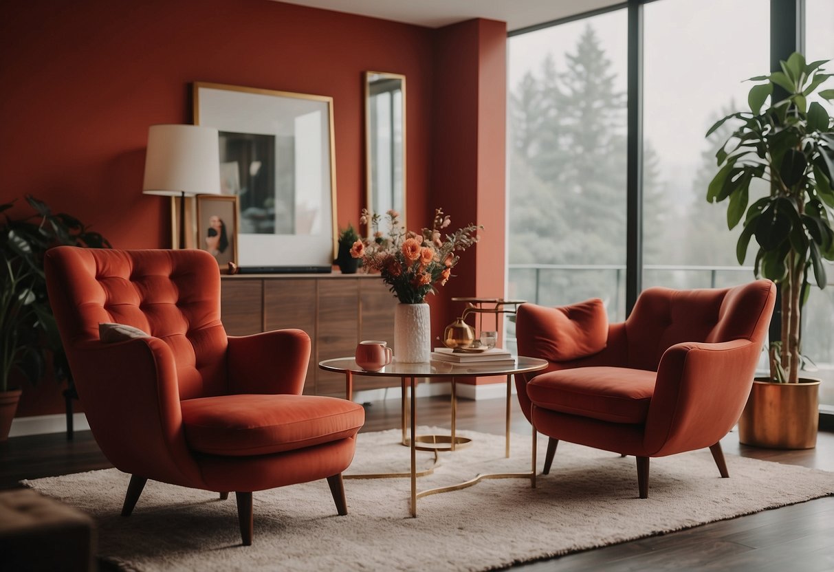 Two scarlet red accent chairs stand in a cozy living room, surrounded by warm color home decor