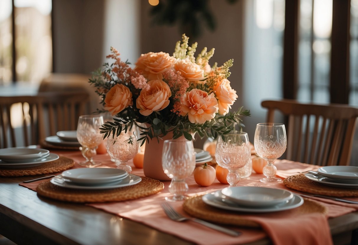 A dining table adorned with warm coral-colored runners, complementing the home decor with a cozy and inviting atmosphere