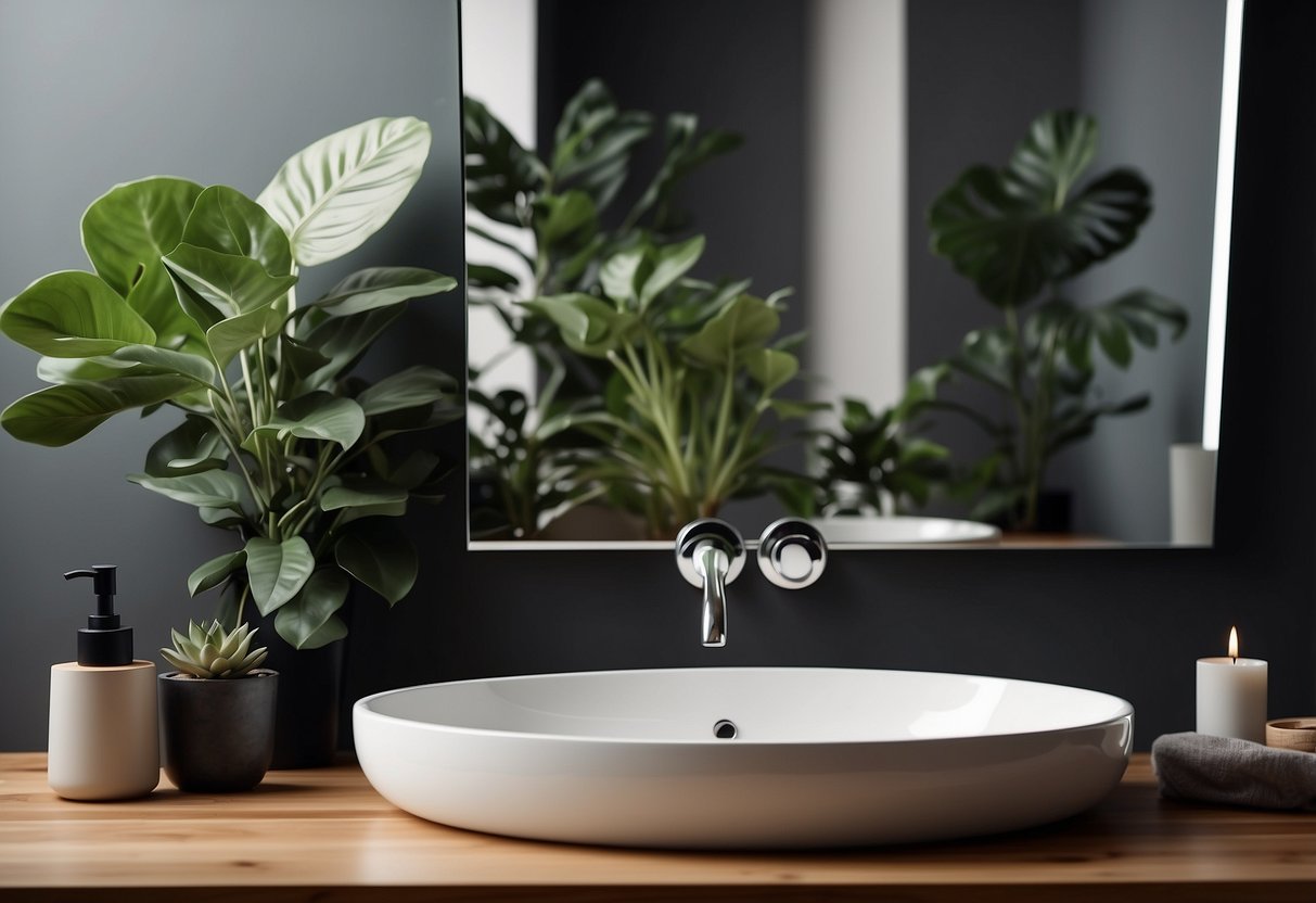 A modern wash basin with a sleek, minimalist design sits on a wooden countertop, surrounded by decorative plants and a large mirror