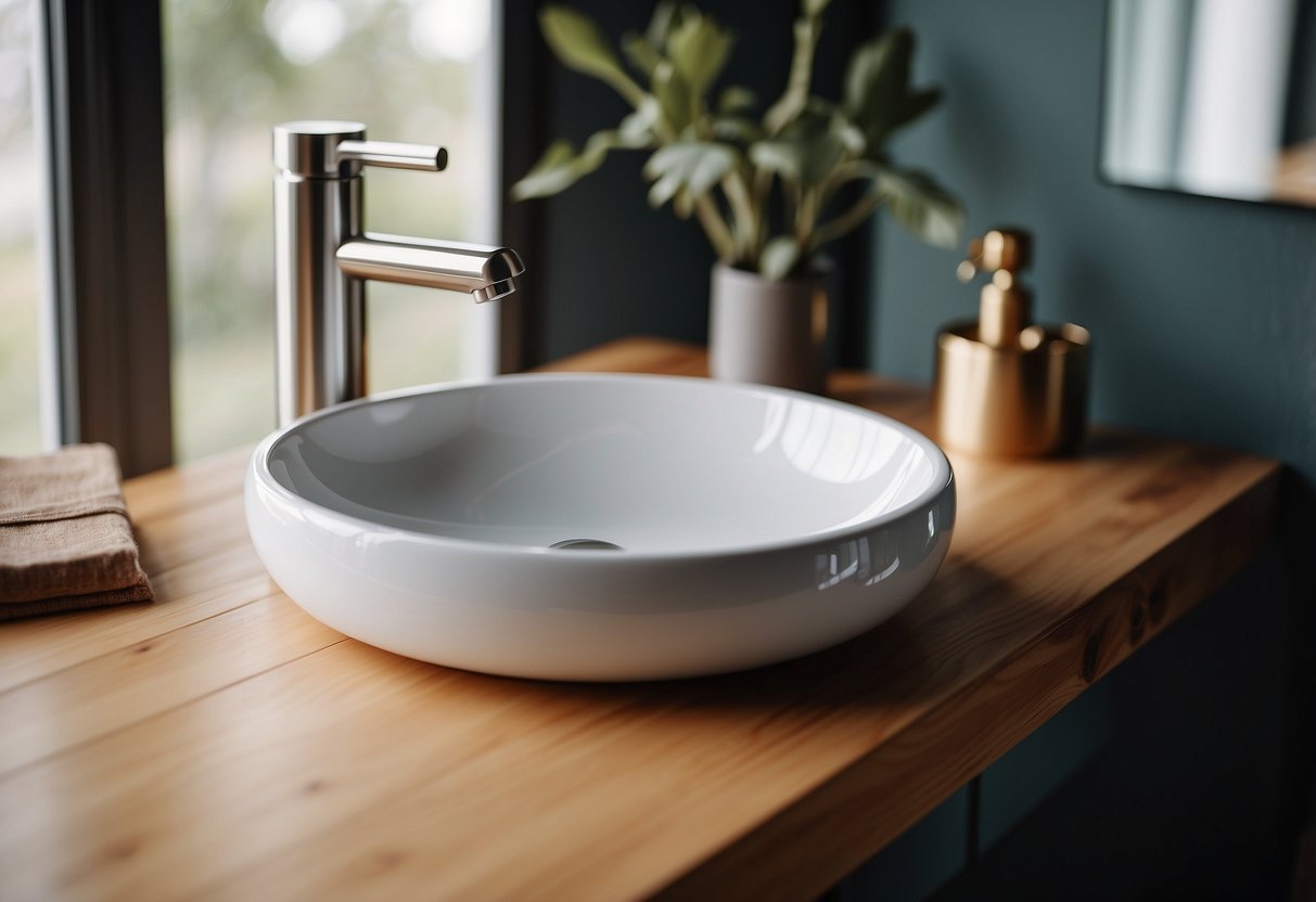 A ceramic vanity sink sits atop a wooden countertop, surrounded by decorative home accents. The faucet gleams in the soft light, and the wash basin is clean and inviting