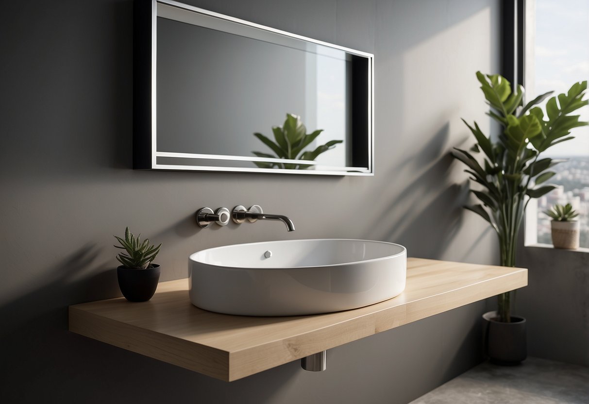 A sleek, modern wall-mounted basin in a minimalist bathroom setting with clean lines and neutral colors