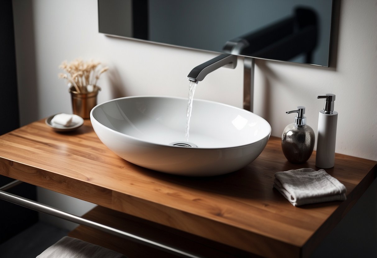 A vessel sink sits atop a sleek wooden countertop, adding a touch of modern elegance to the bathroom decor