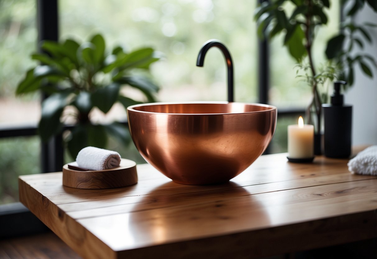 A copper wash basin sits on a wooden table, surrounded by greenery and bath accessories