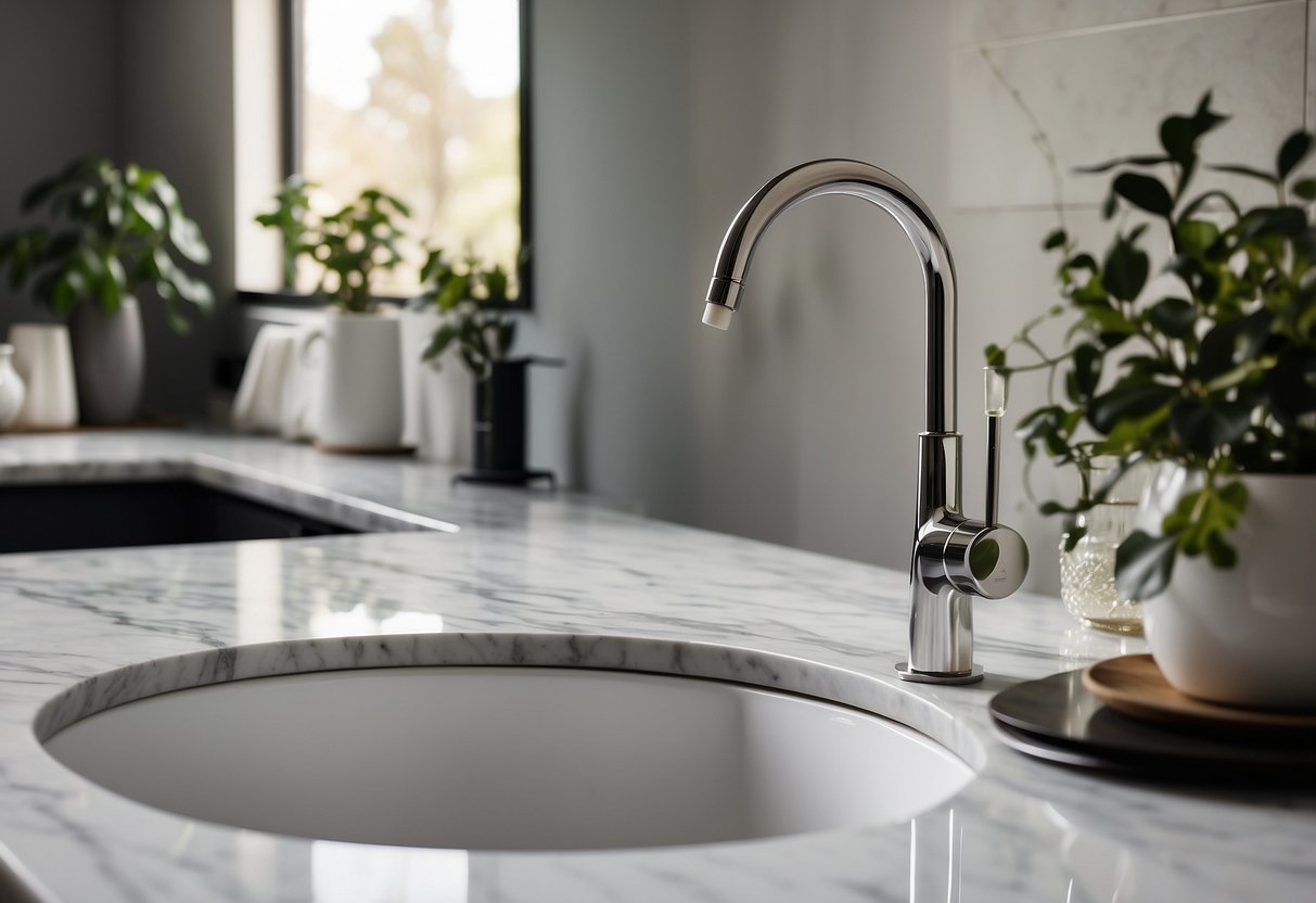 A sleek under-mount porcelain sink sits beneath a marble countertop, surrounded by modern home decor elements