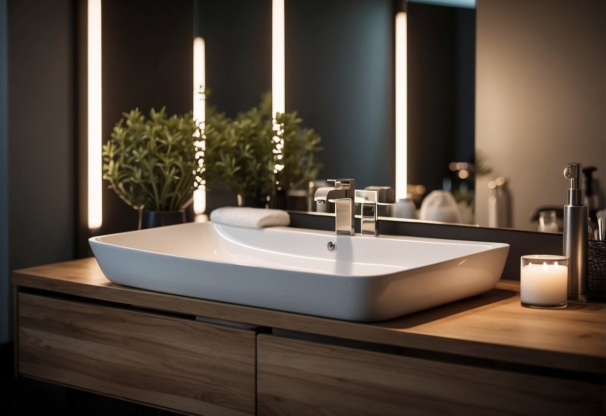 A modern, sleek wash basin sits atop a wooden vanity, surrounded by minimalist decor and soft lighting. The basin is the focal point, with clean lines and a polished finish, adding a touch of elegance to the space