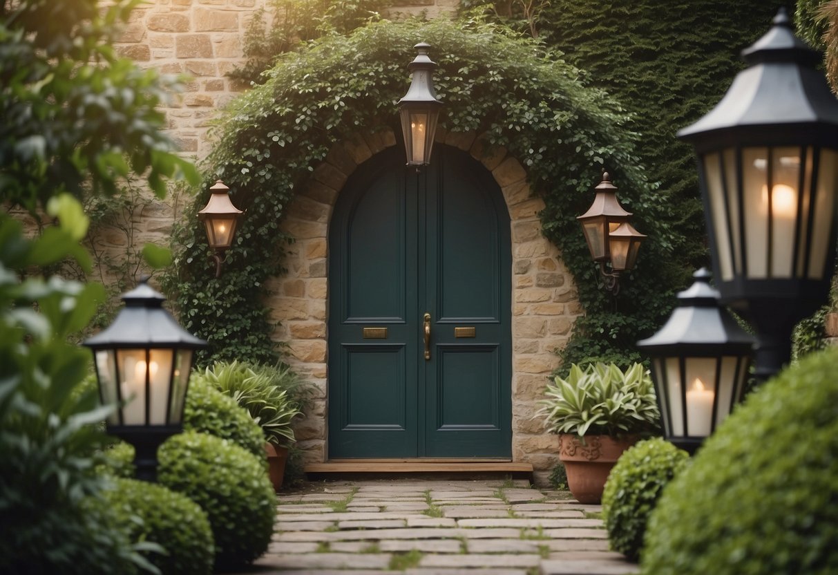 A stone walkway winds through a lush garden, flanked by potted plants and lanterns, leading to a charming front door adorned with a wreath