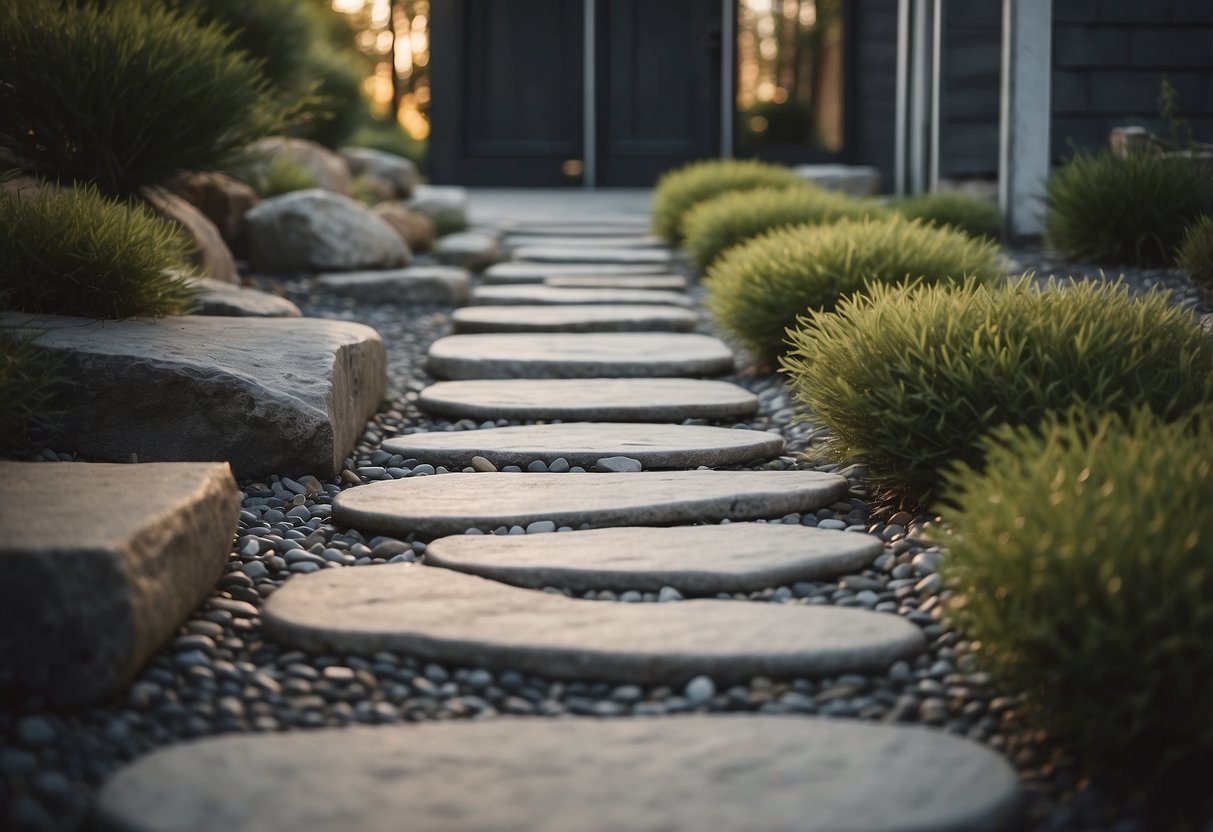 A modern stone stepping stone walkway leading to a contemporary home, with minimalist decor ideas