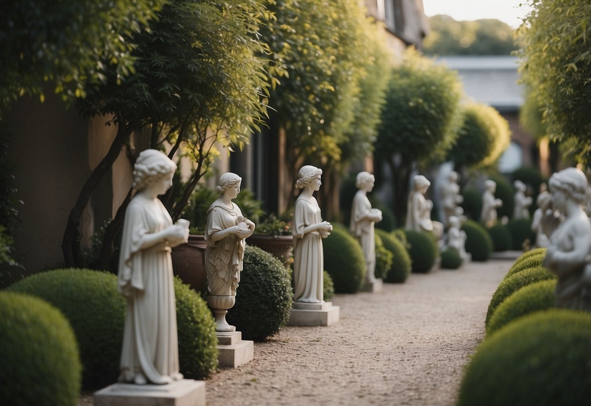 A chic garden walkway adorned with elegant statues, creating a sophisticated and stylish home decor idea