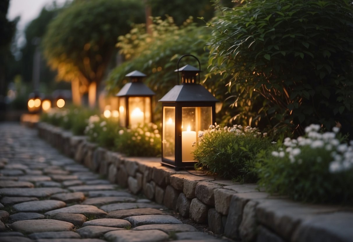 A stone walkway lined with vintage lanterns, casting a warm glow on the surrounding plants and flowers