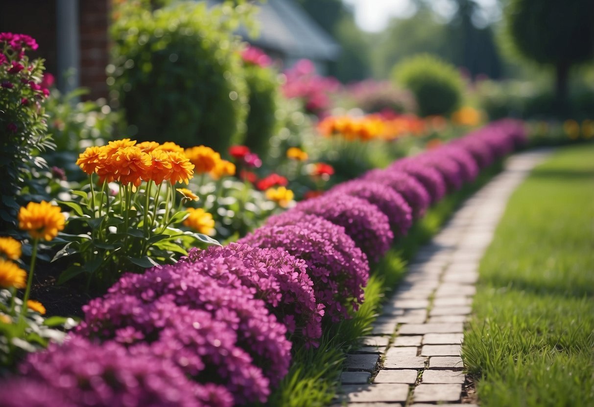 A vibrant flowerbed lines a walkway, adding a pop of color to the home decor