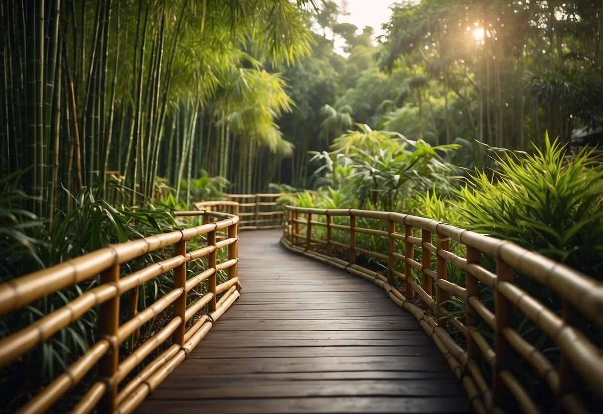 A bamboo walkway winds through a lush garden, bordered by eco-friendly bamboo fencing. The natural, sustainable materials create a serene and inviting atmosphere