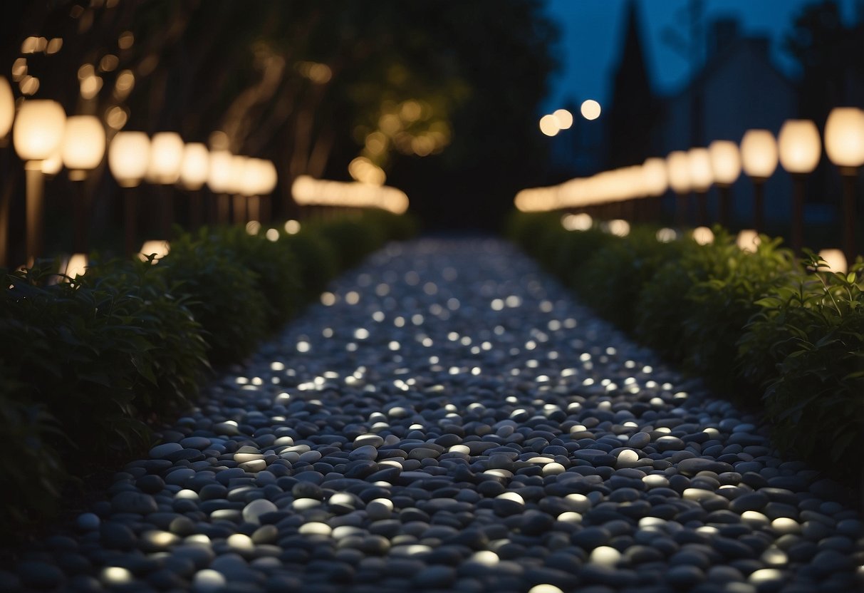 A dark walkway illuminated by glow-in-the-dark pebbles, creating a magical and enchanting atmosphere