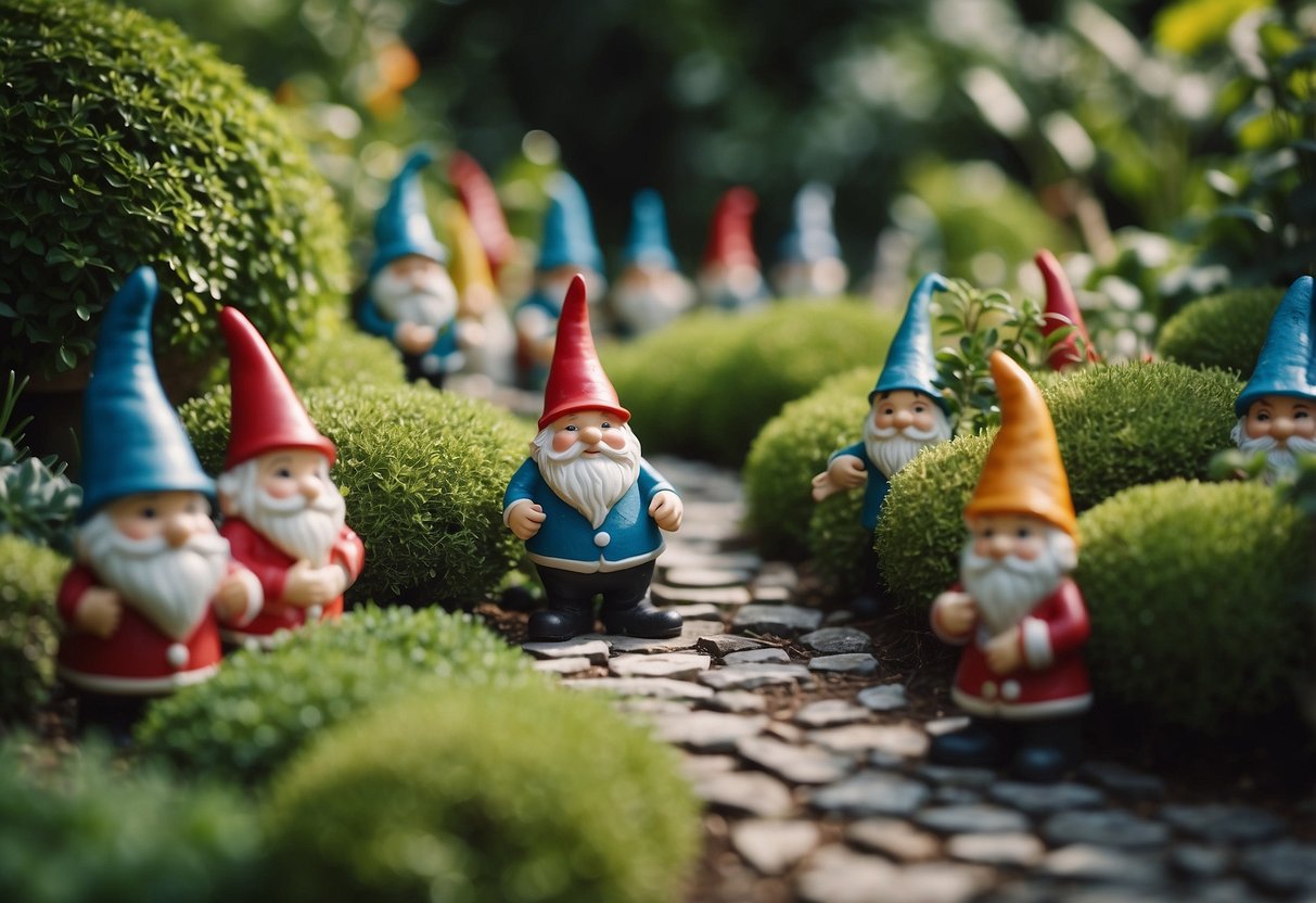 A winding stone walkway lined with charming garden gnomes leads through a lush garden, creating a whimsical and inviting home decor scene