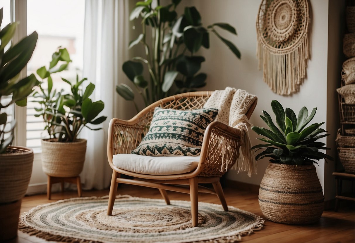 A cozy living room with a vintage rug, macrame wall hangings, and potted succulents. A rattan chair with a cozy throw pillow completes the boho vibe