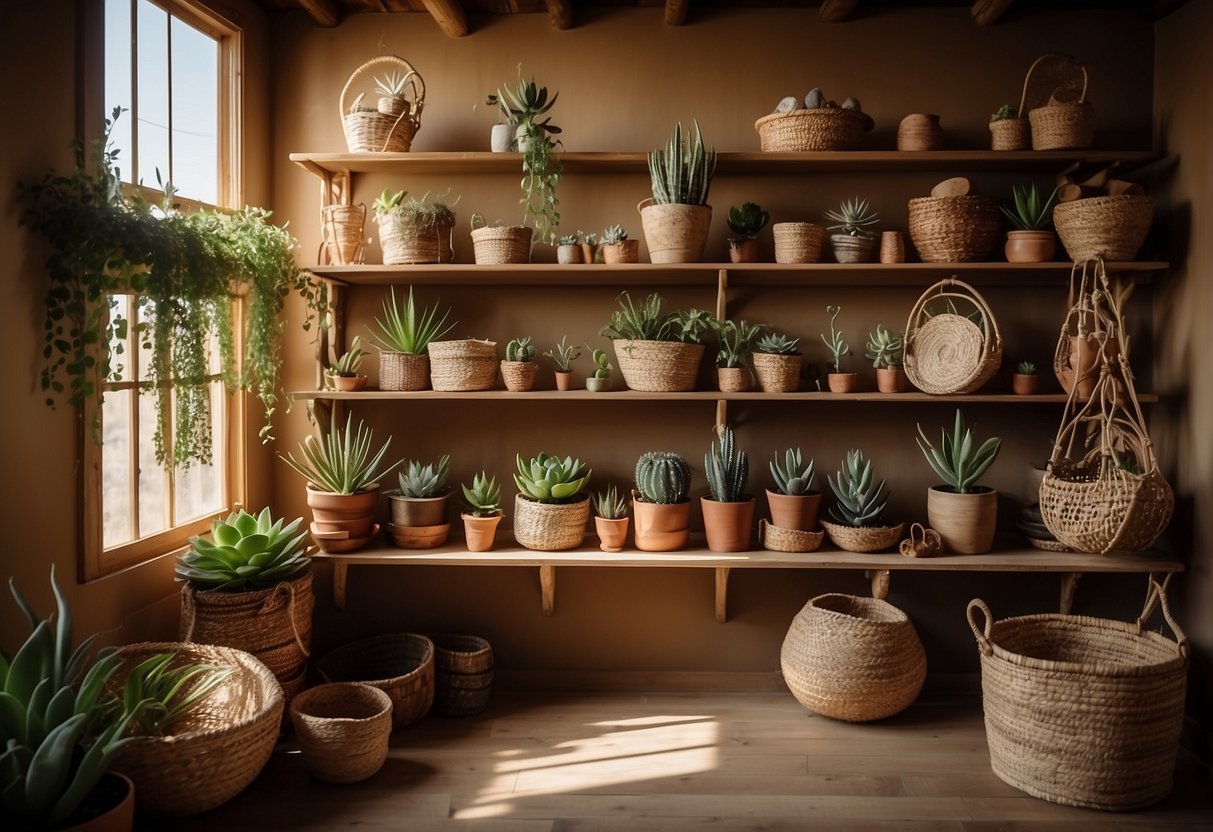 Rustic wood shelves filled with boho decor, including dreamcatchers, succulents, and woven baskets. Sunlight filters through the window, casting warm shadows on the textured walls