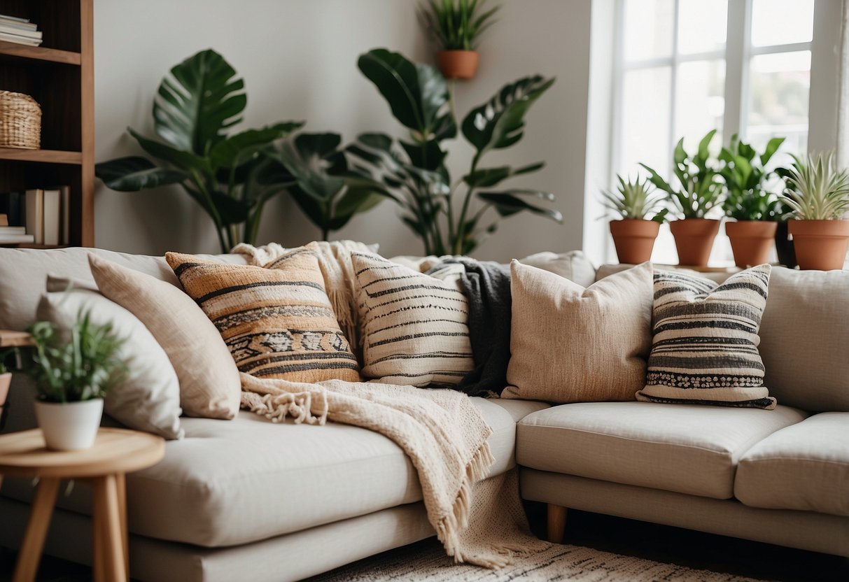 A cozy living room with boho throw pillows scattered on a neutral-colored sofa, complemented by a woven rug and potted plants