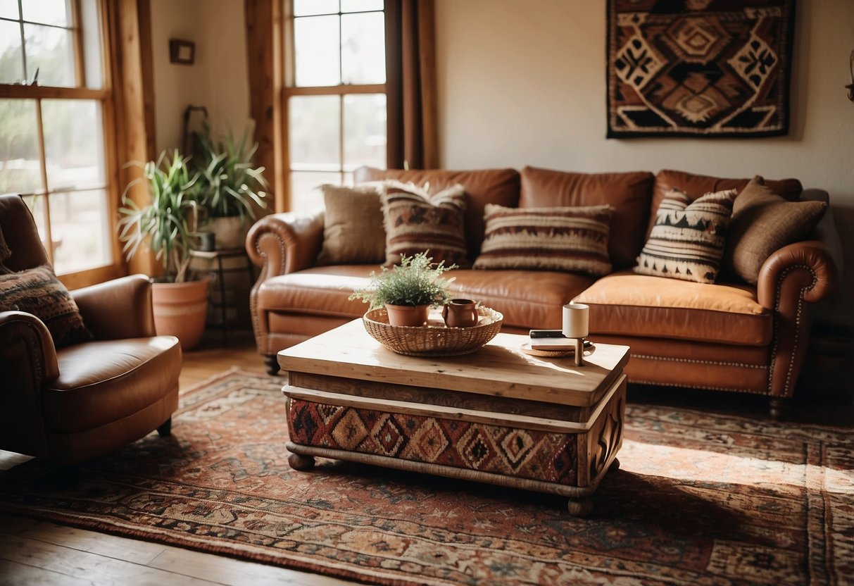 A cozy living room with vintage rugs, rustic furniture, and bohemian accents. Warm earthy tones and tribal patterns create a laid-back western vibe