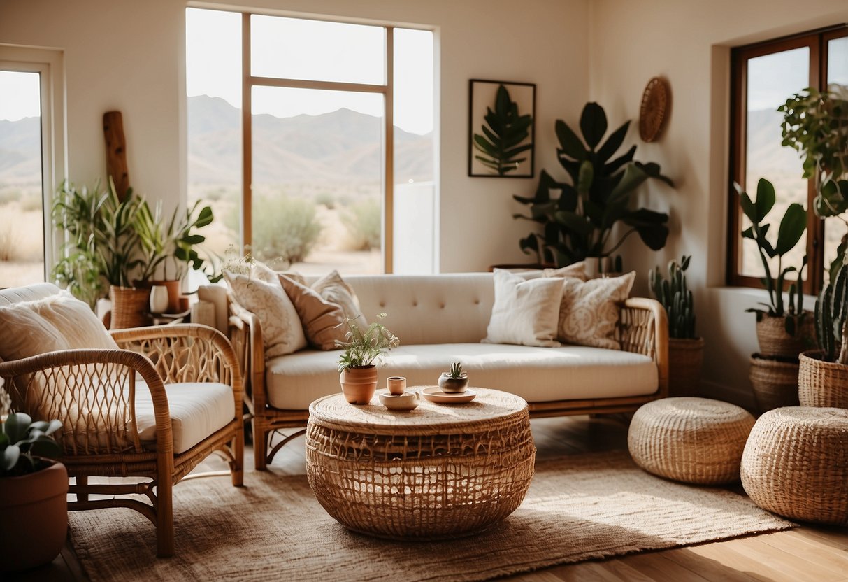 A cozy living room with rattan furniture, woven rugs, and macrame wall hangings. Desert plants and earthy tones create a bohemian atmosphere