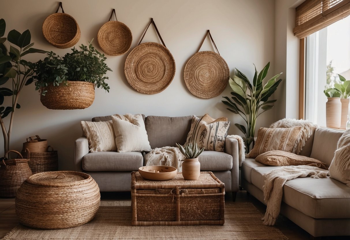 A cozy living room with handwoven baskets hanging on the wall, adding a touch of western boho charm to the home decor