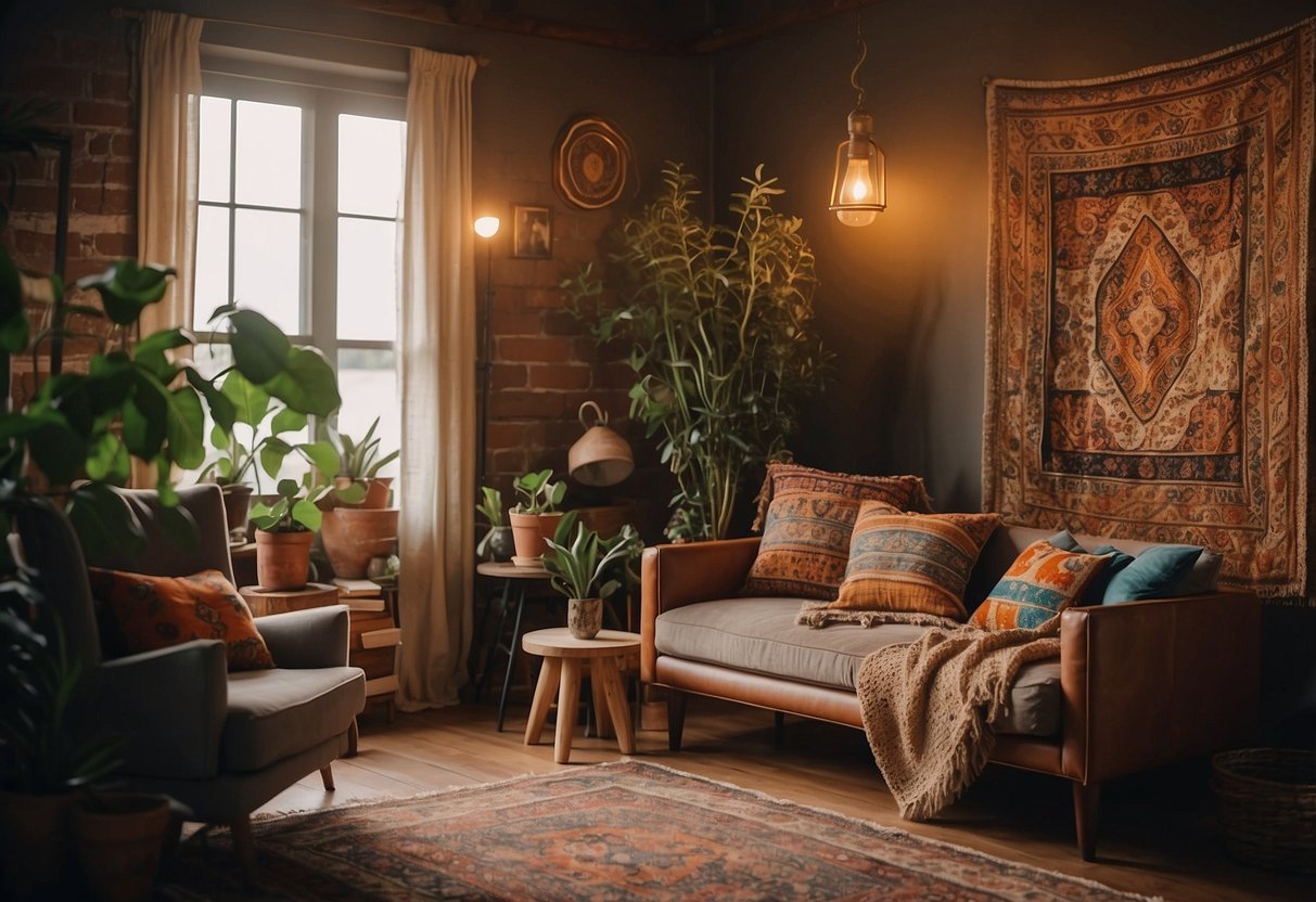 Colorful tapestries hang on the walls, mixing geometric and floral patterns. A cozy room with vintage furniture and warm lighting completes the western boho home decor scene