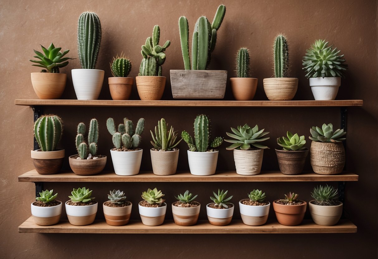 A rustic wooden shelf holds a variety of cactus and succulent planters, surrounded by earthy tones and bohemian accents