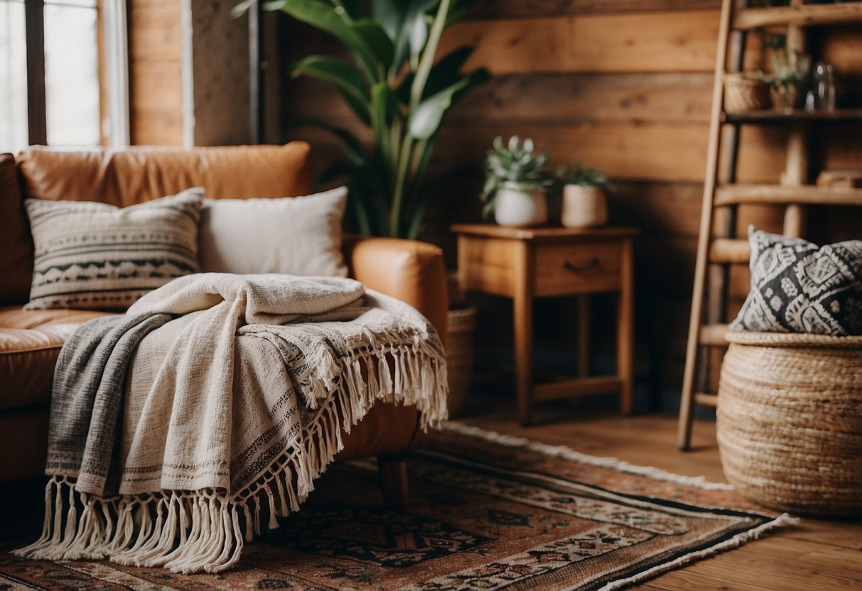 A cozy living room with Turkish towels draped over a rustic wooden ladder, paired with bohemian throw pillows and woven rugs