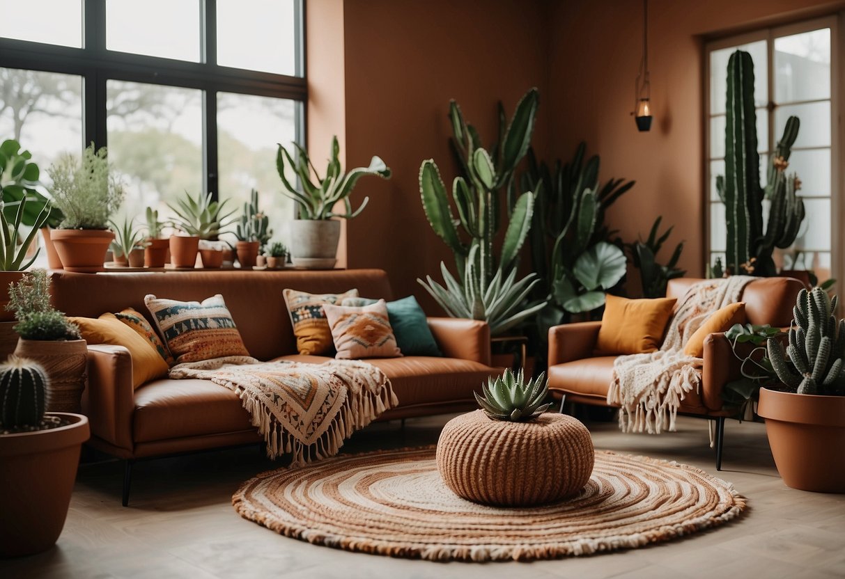 A cozy living room with earthy tones, macrame wall hangings, and woven rugs. Succulents and cacti in terracotta pots. A leather sofa with colorful throw pillows