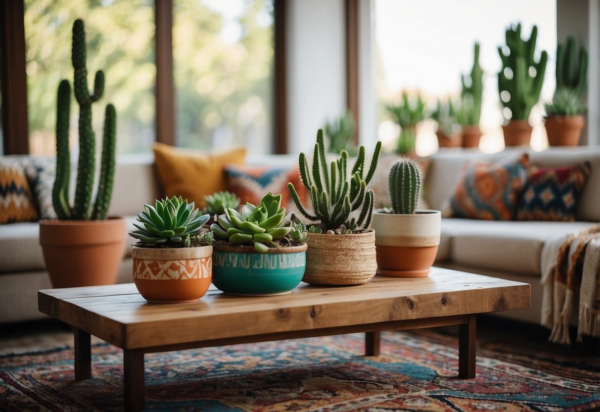 A cozy living room with a rustic wooden coffee table, vibrant patterned rugs, and woven wall hangings. Succulents and cacti in colorful pots add a touch of greenery to the space