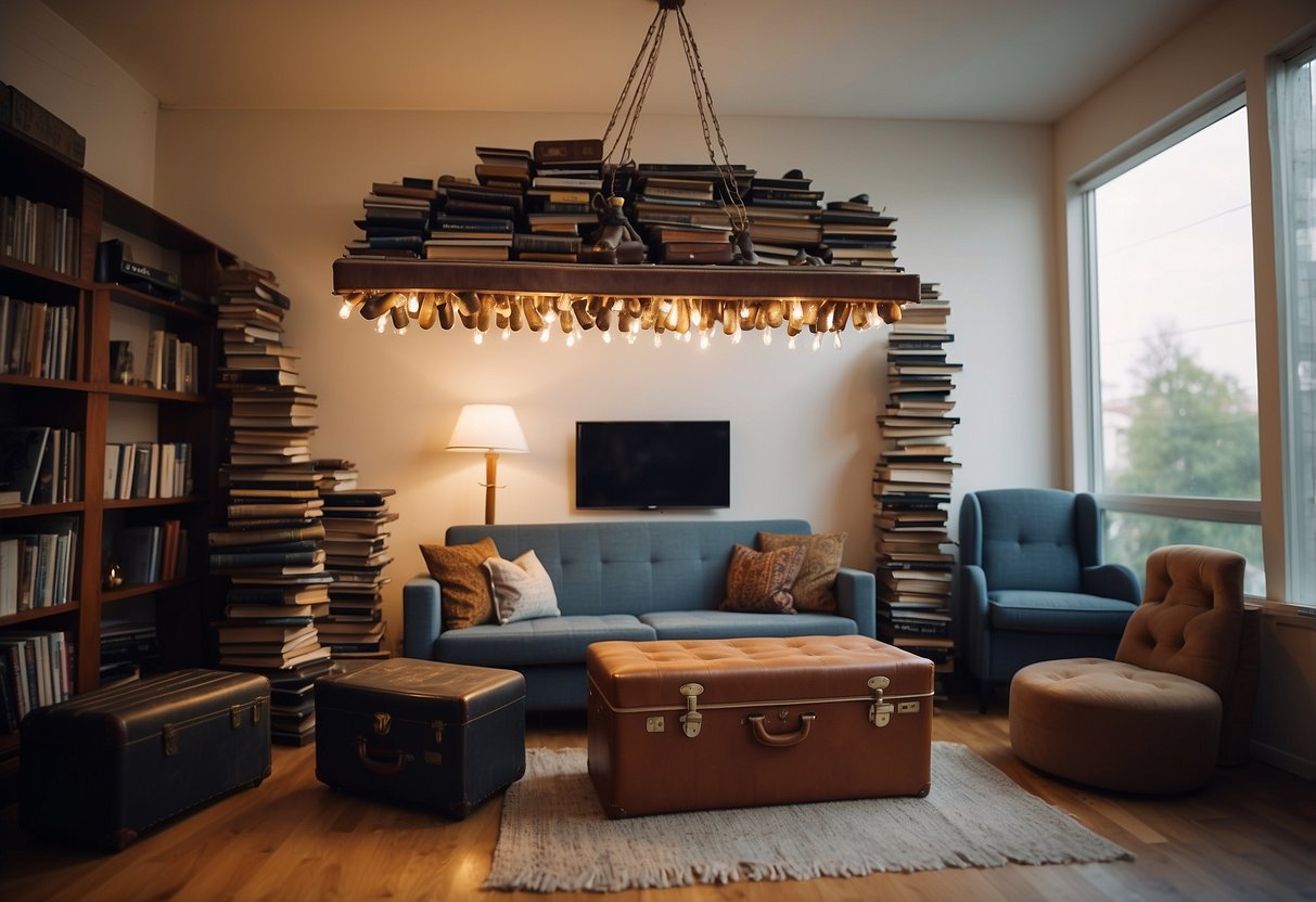 A living room with upside-down furniture, a chandelier made of old shoes, and a bookshelf made of stacked suitcases