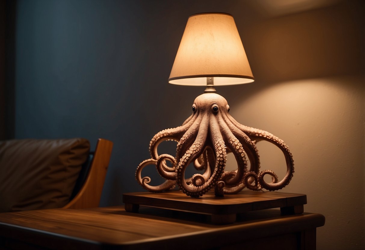 An octopus-shaped table lamp sits on a wooden side table, its tentacles curling around the base. The soft glow of the lamp illuminates the room, casting interesting shadows on the walls