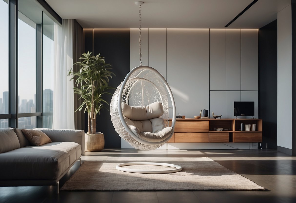 A hanging bubble chair suspended from the ceiling in a modern, minimalist living room, surrounded by sleek furniture and vibrant decor