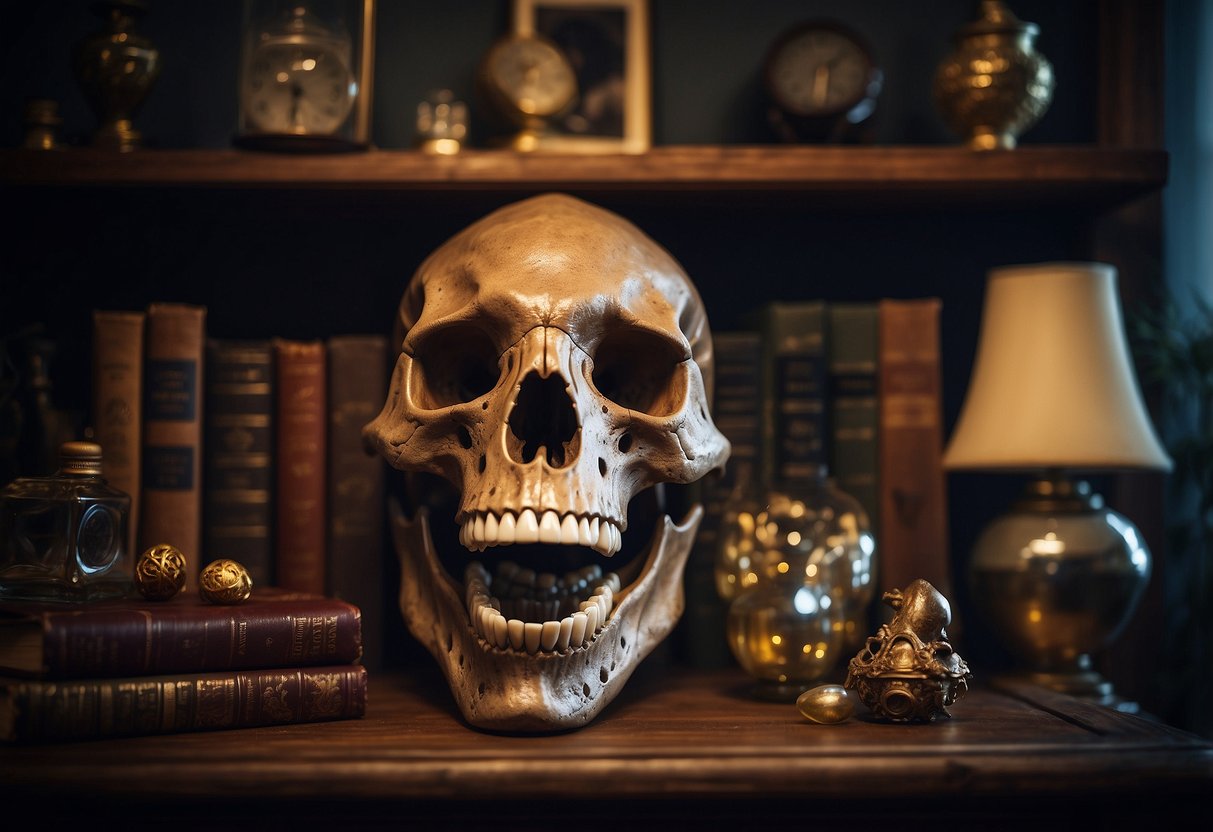 A replica T-Rex skull sits on a bookshelf, surrounded by vintage trinkets and oddities. The dimly lit room creates an eerie atmosphere, perfect for the unconventional home decorator