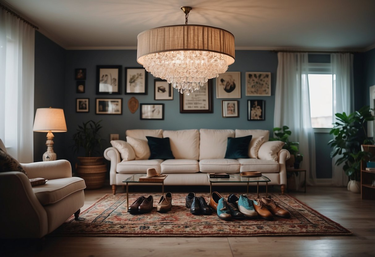 A living room with upside-down furniture, a chandelier made of old shoes, and a rug made of mismatched socks