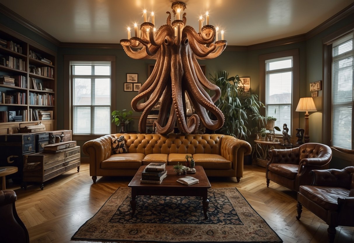 A living room with a giant octopus-shaped chandelier, a wall covered in vintage taxidermy, and a floor-to-ceiling bookshelf made of stacked vintage suitcases