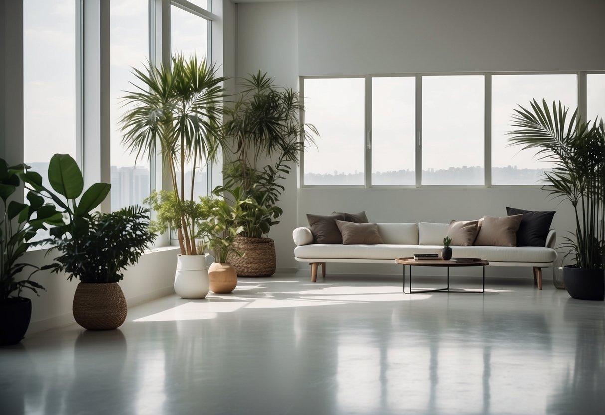 A white floor with minimalist decor, featuring potted plants, sleek furniture, and abstract artwork