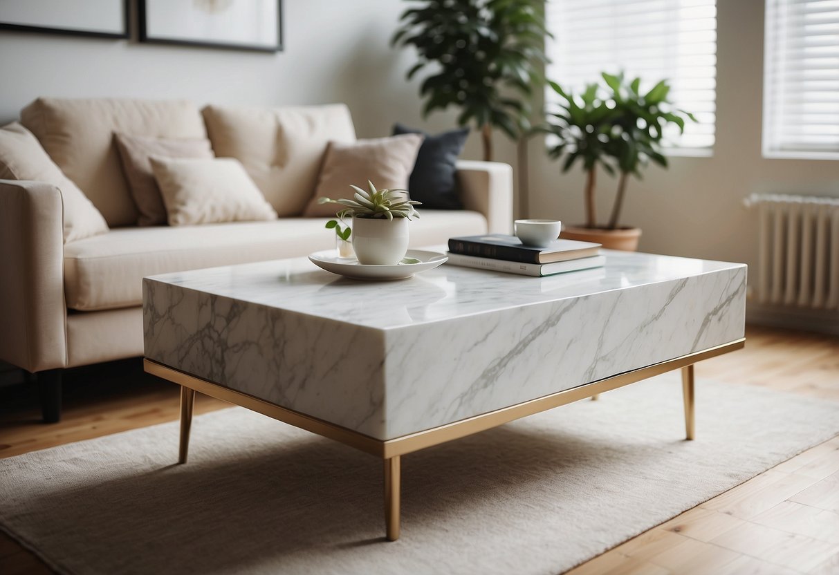 A white marble coffee table sits on a white floor, surrounded by minimalist home decor